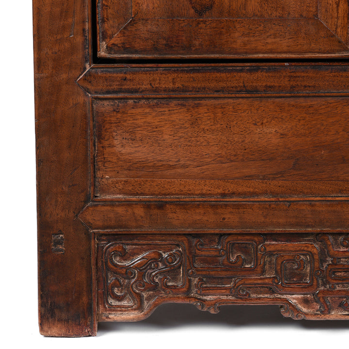 Chi Dragon detail on an Antique Chinese Shanxi Walnut (fake huanghuali) Sideboard Altar Cabinet - 18th Century | Indigo Antiques