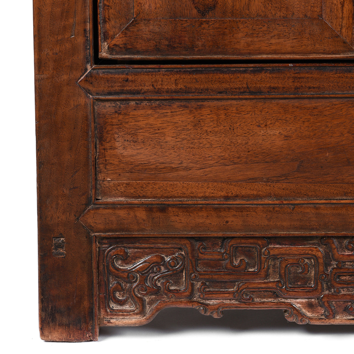 Chi Dragon detail on an Antique Chinese Shanxi Walnut (fake huanghuali) Sideboard Altar Cabinet - 18th Century | Indigo Antiques