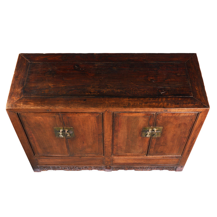 Top detail on an Antique Chinese Shanxi Walnut (fake huanghuali) Sideboard Altar Cabinet - 18th Century | Indigo Antiques