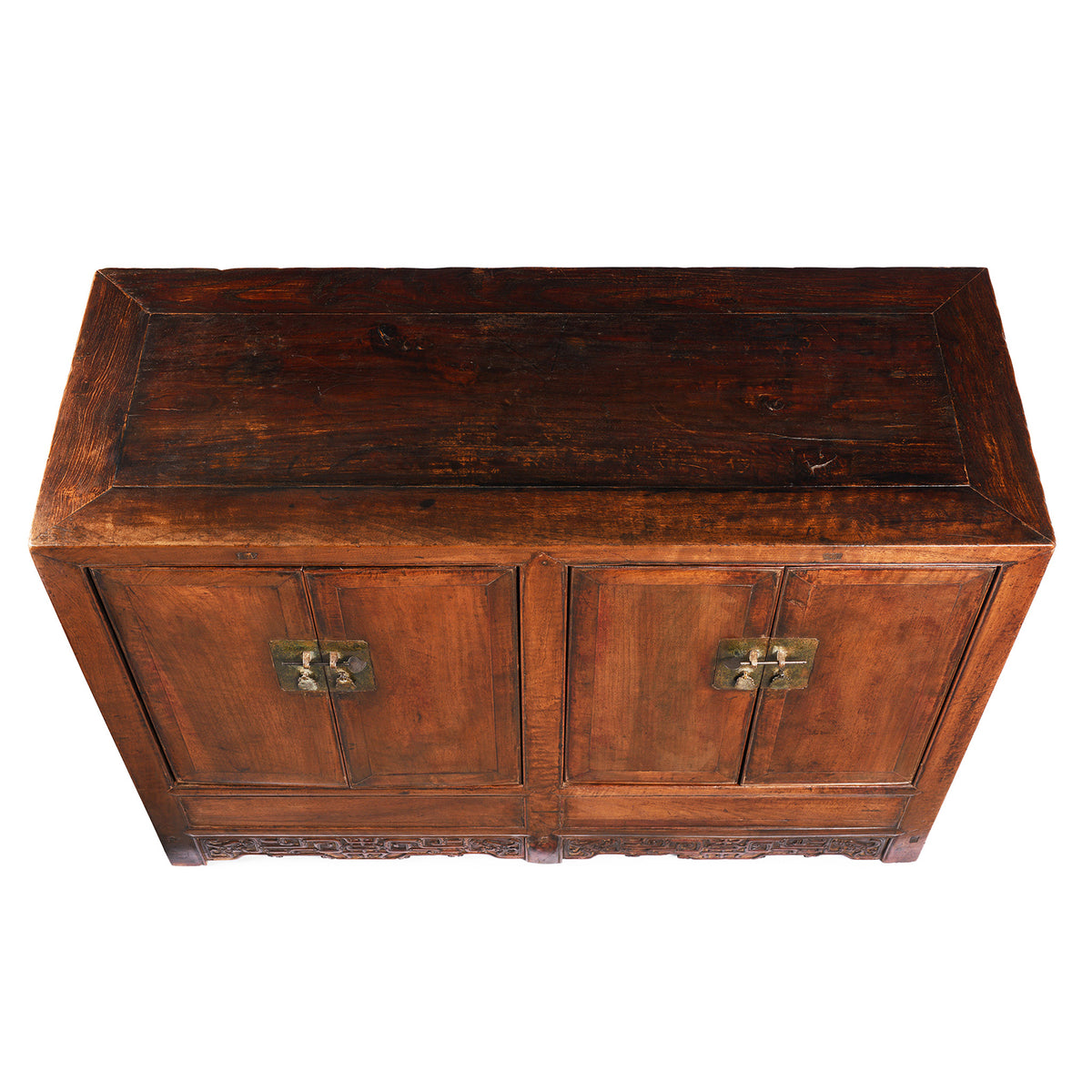 Top detail on an Antique Chinese Shanxi Walnut (fake huanghuali) Sideboard Altar Cabinet - 18th Century | Indigo Antiques