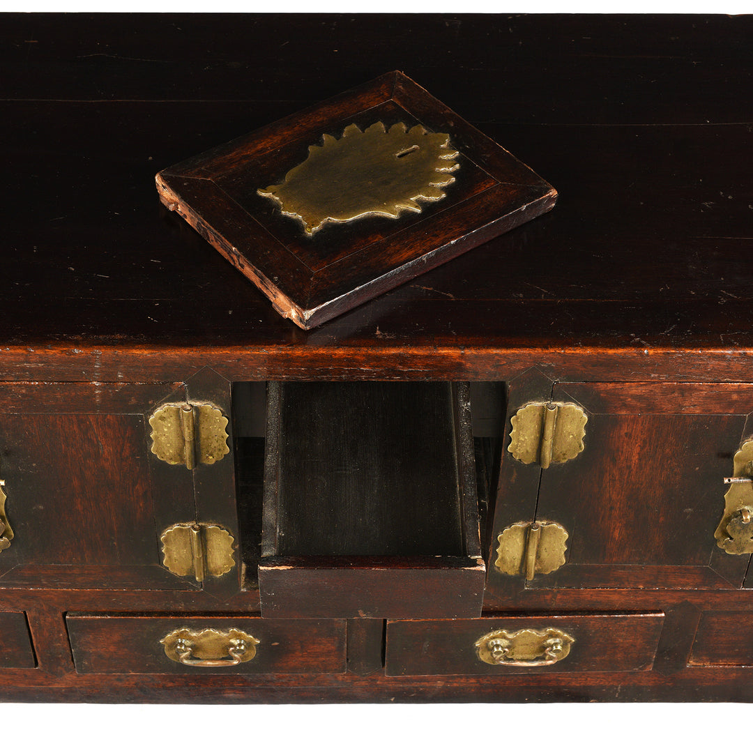 Interior Compartment View Of Antique Burgundy Lacquer Catalpa Kang Table From Tianjin - 19th Century | Indigo Antiques