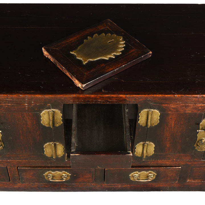 Interior Compartment View Of Antique Burgundy Lacquer Catalpa Kang Table From Tianjin - 19th Century | Indigo Antiques