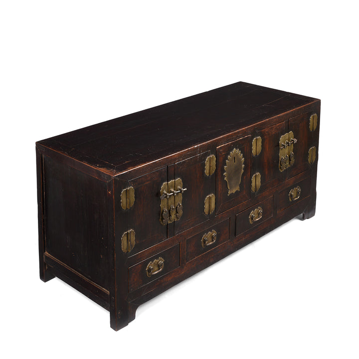 Angled View Of Antique Burgundy Lacquer Catalpa Kang Table From Tianjin - 19th Century | Indigo Antiques