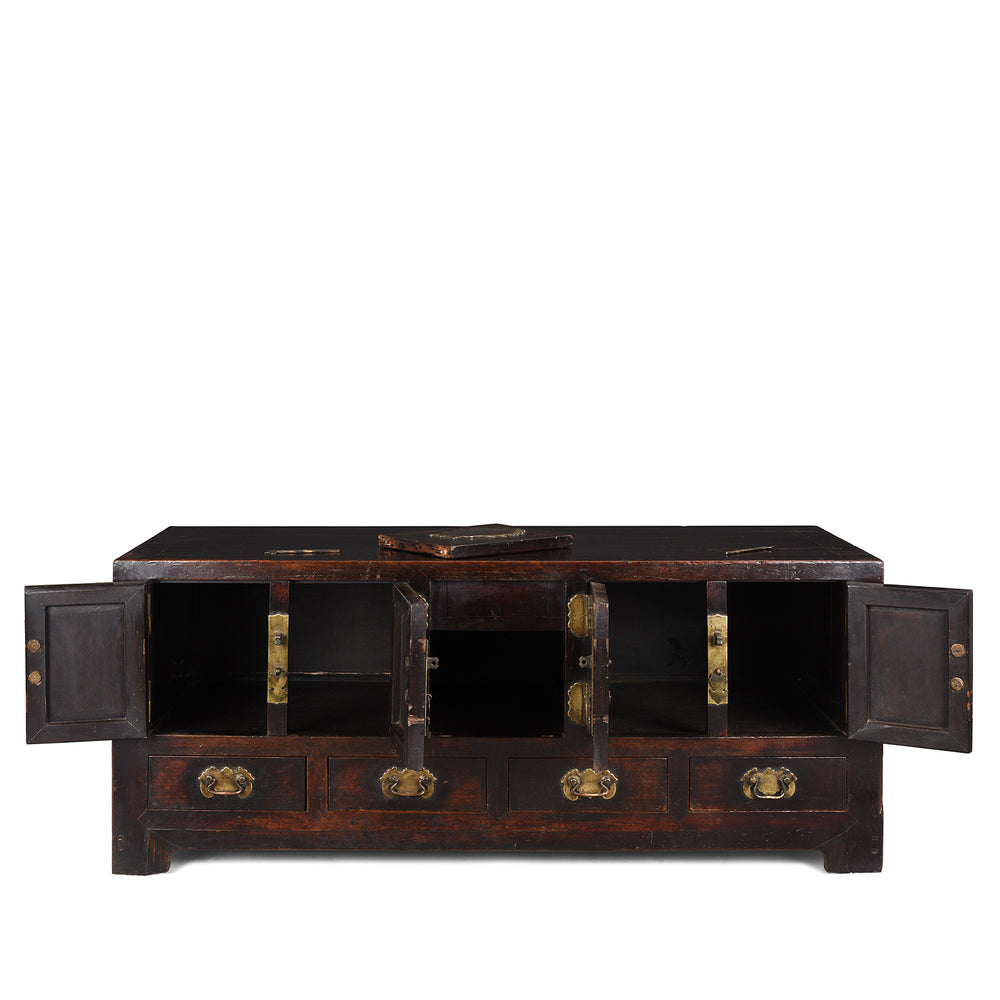 Open Doors View Of Antique Burgundy Lacquer Catalpa Kang Table From Tianjin - 19th Century | Indigo Antiques