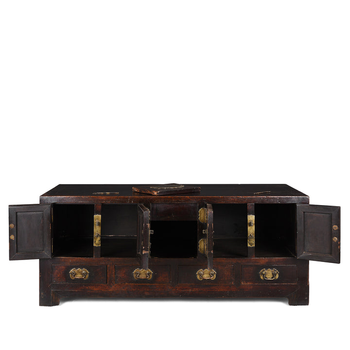 Open Doors View Of Antique Burgundy Lacquer Catalpa Kang Table From Tianjin - 19th Century | Indigo Antiques
