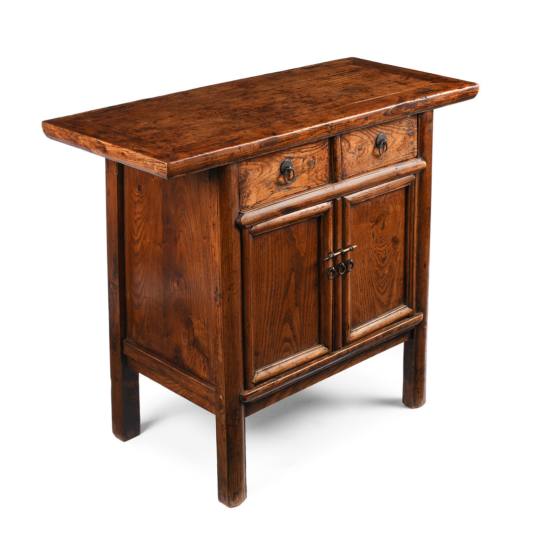 Angled View Of Antique 2 Drawer Cabinet From Gansu Province - 19thC | Indigo Antiques