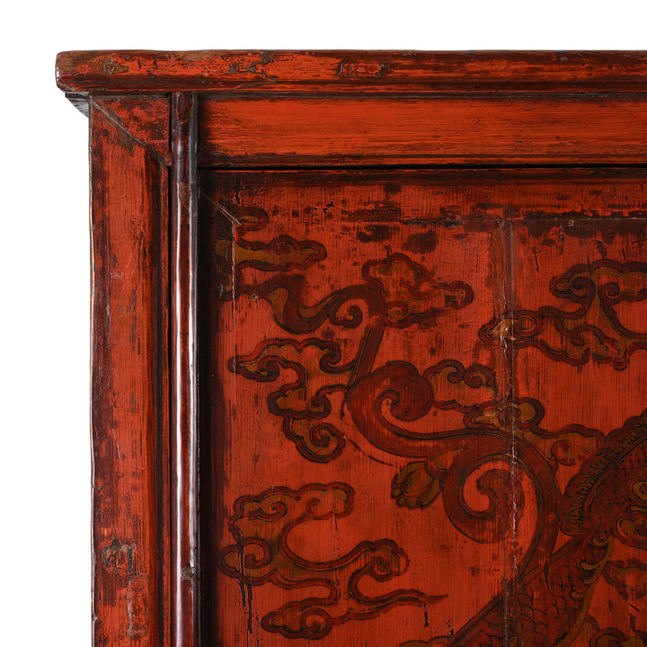 Door & Cloud detail of an Antique Gilt Chinese Red Lacquer Chilong Dragon Wedding Cabinet | Indigo Antiques