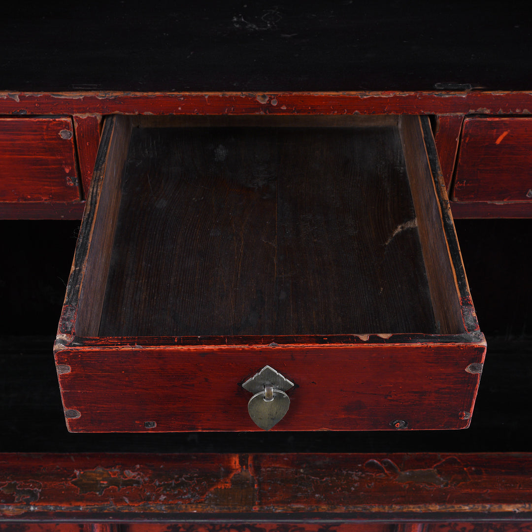 Drawer Detail of an Antique Gilt Chinese Red Lacquer Chilong Dragon Wedding Cabinet | Indigo Antiques