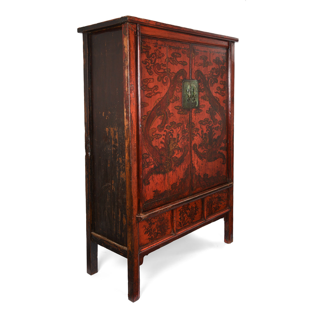 Side detail of an Antique Gilt Chinese Red Lacquer Chilong Dragon Wedding Cabinet | Indigo Antiques