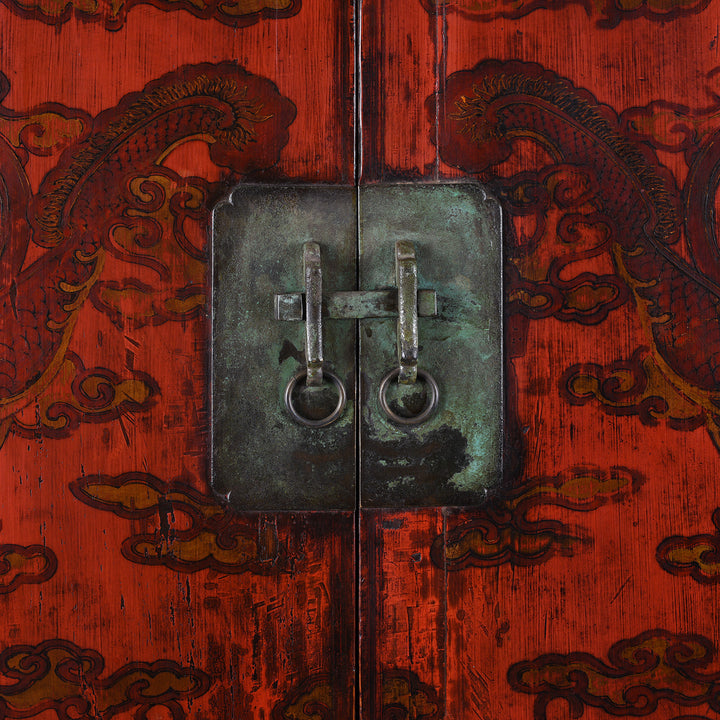 Brass Handware detail of an Antique Gilt Chinese Red Lacquer Chilong Dragon Wedding Cabinet | Indigo Antiques