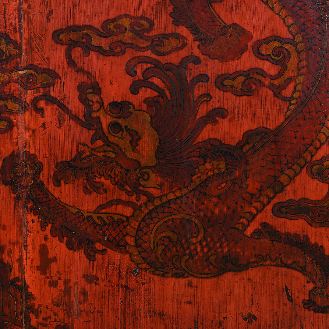 Chilong Detail of an Antique Gilt Chinese Red Lacquer Chilong Dragon Wedding Cabinet | Indigo Antiques