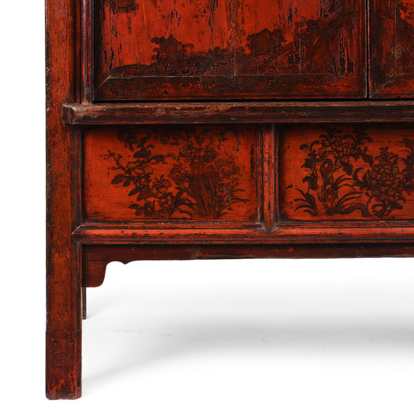 Red Lacquer Chilong Dragon Wedding Cabinet -19th Century