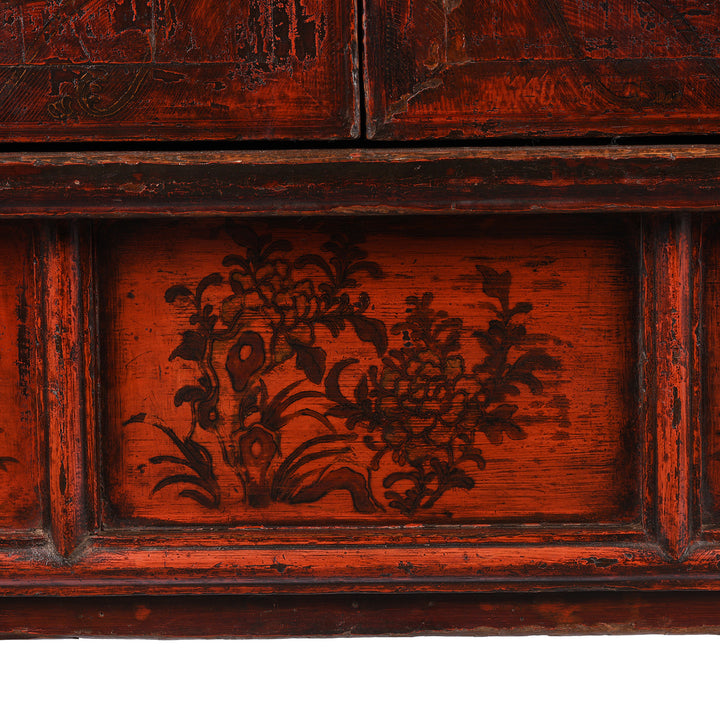 Floral detail of an Antique Gilt Chinese Red Lacquer Chilong Dragon Wedding Cabinet | Indigo Antiques
