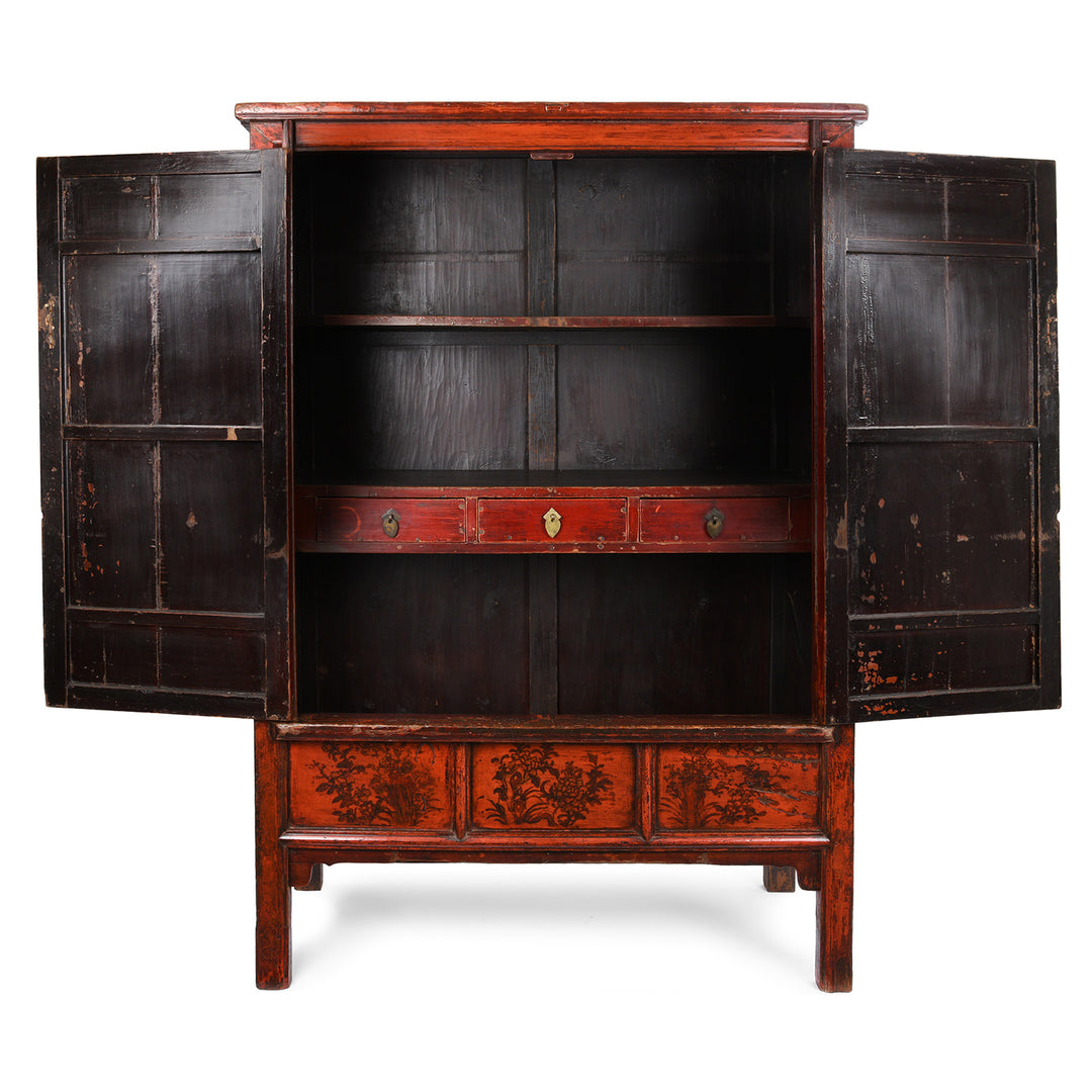 Interior detail of an Antique Gilt Chinese Red Lacquer Chilong Dragon Wedding Cabinet | Indigo Antiques