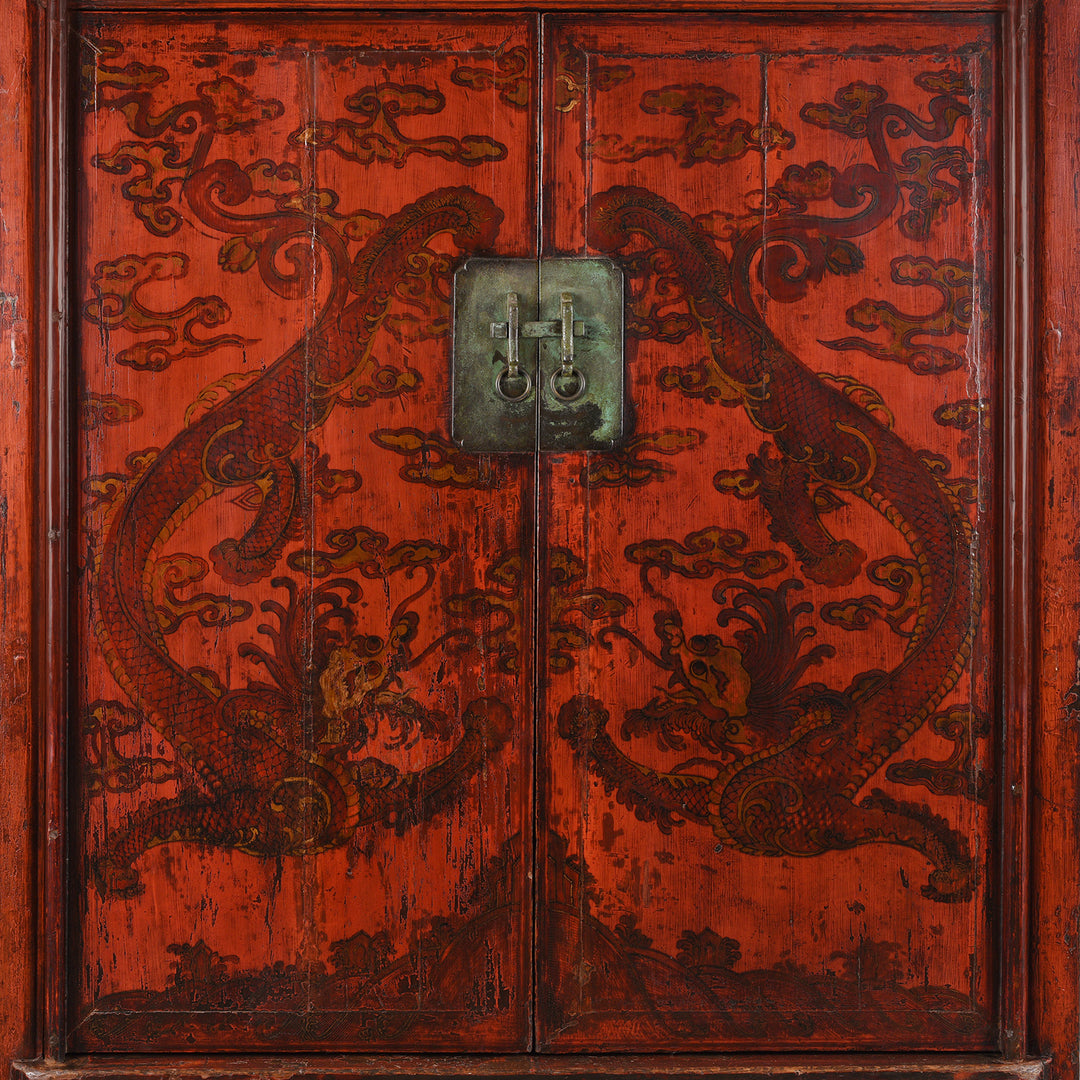Chilong Detail of an Antique Gilt Chinese Red Lacquer Chilong Dragon Wedding Cabinet | Indigo Antiques
