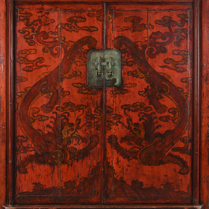 Chilong Detail of an Antique Gilt Chinese Red Lacquer Chilong Dragon Wedding Cabinet | Indigo Antiques