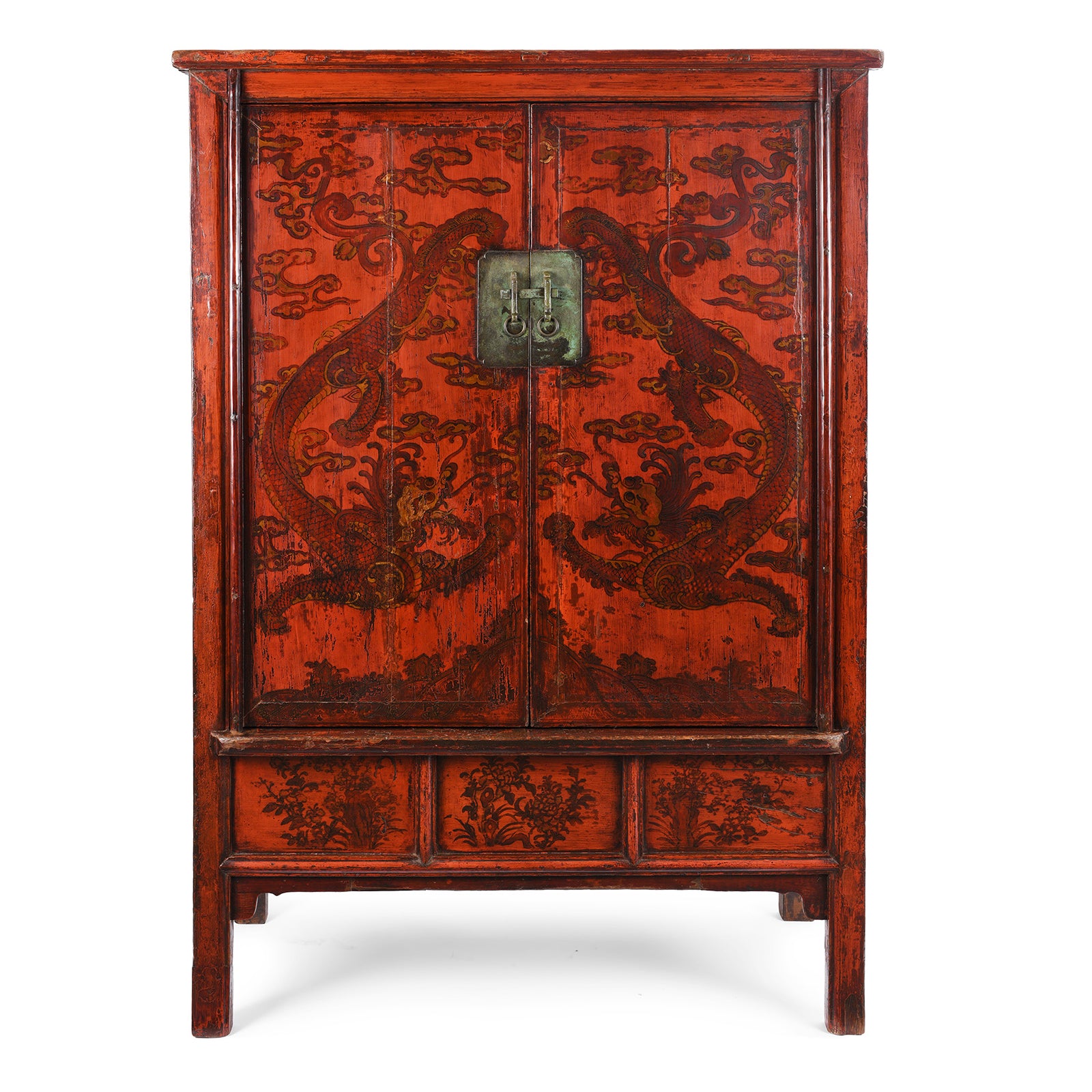 Antique Gilt Chinese Red Lacquer Chilong Dragon Wedding Cabinet | Indigo Antiques