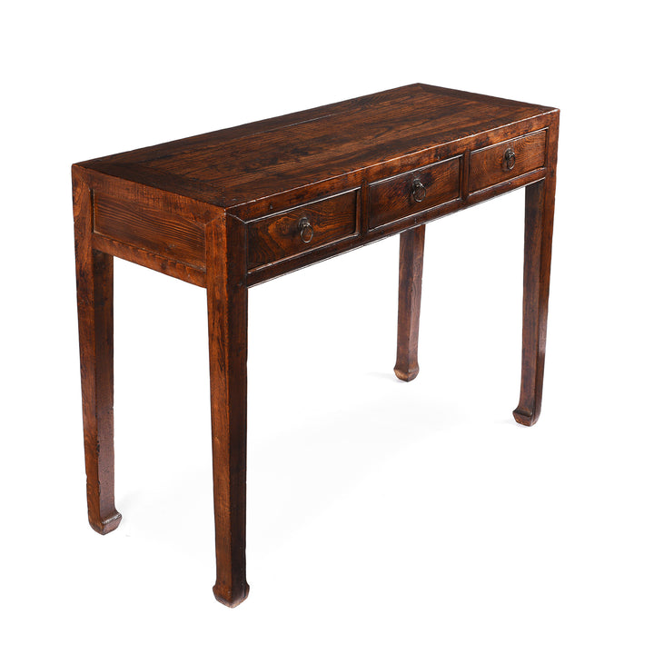 Angled VIew Of Antique Red Elm 3 Drawer Console Table From Shanxi - 19th Century | Indigo Antiques