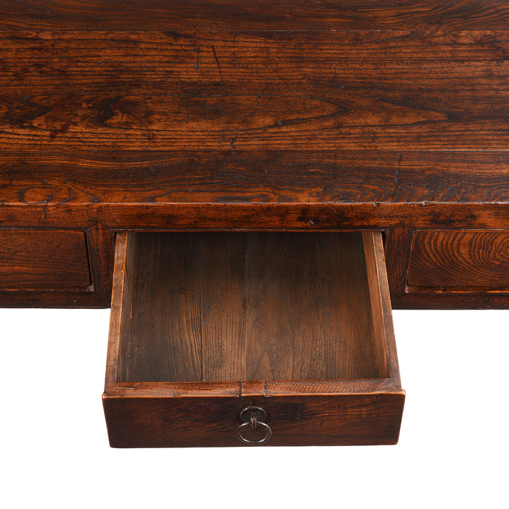 Open Drawer View Of Antique Red Elm 3 Drawer Console Table From Shanxi - 19th Century | Indigo Antiques