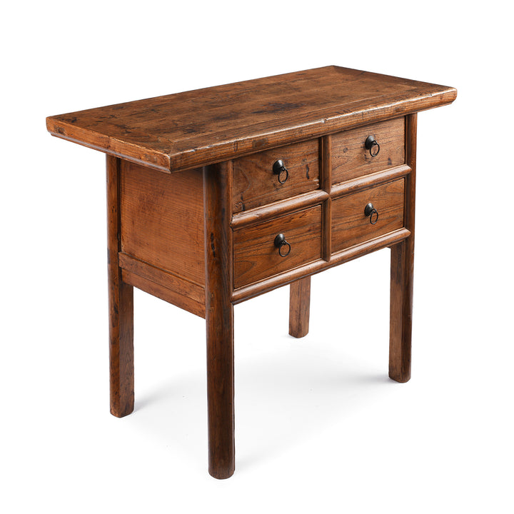 Angled View Of Antique 4 Drawer Elm Wine Table From Shanxi - 19th Century | Indigo Antiques