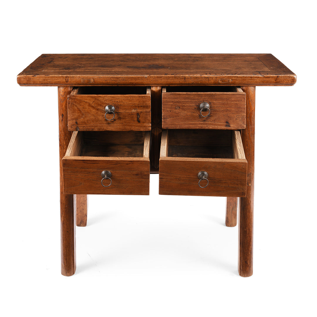 Open Drawer View Of Antique 4 Drawer Elm Wine Table From Shanxi - 19th Century | Indigo Antiques