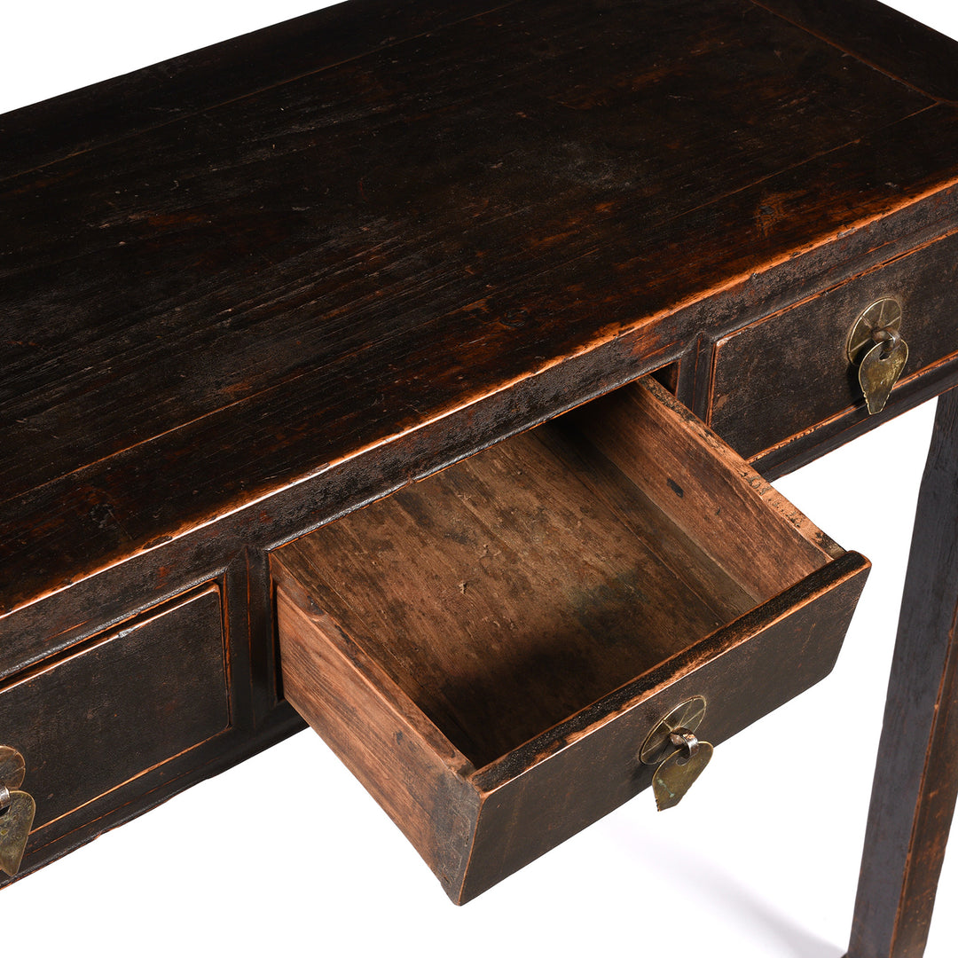 Drawer open detail Antique Chinese Black Lacquer Console Table, Ming Style - Late 19thC | Indigo Antiques