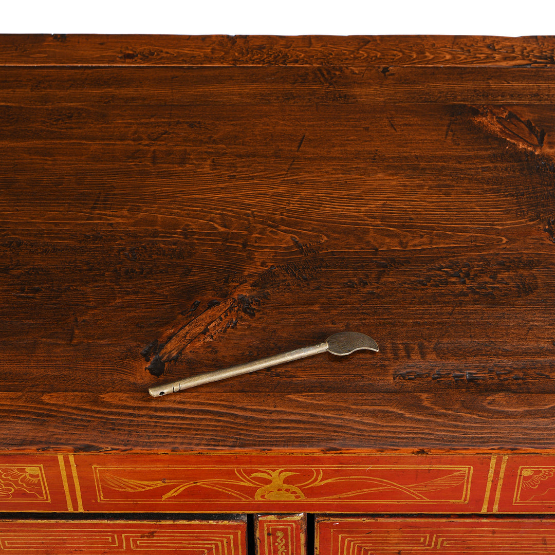 Locking Pin Detail From Antique Red Lacquer Chinese Sideboard From Dongbei - Ca 1920 | INDIGO ANTIQUES