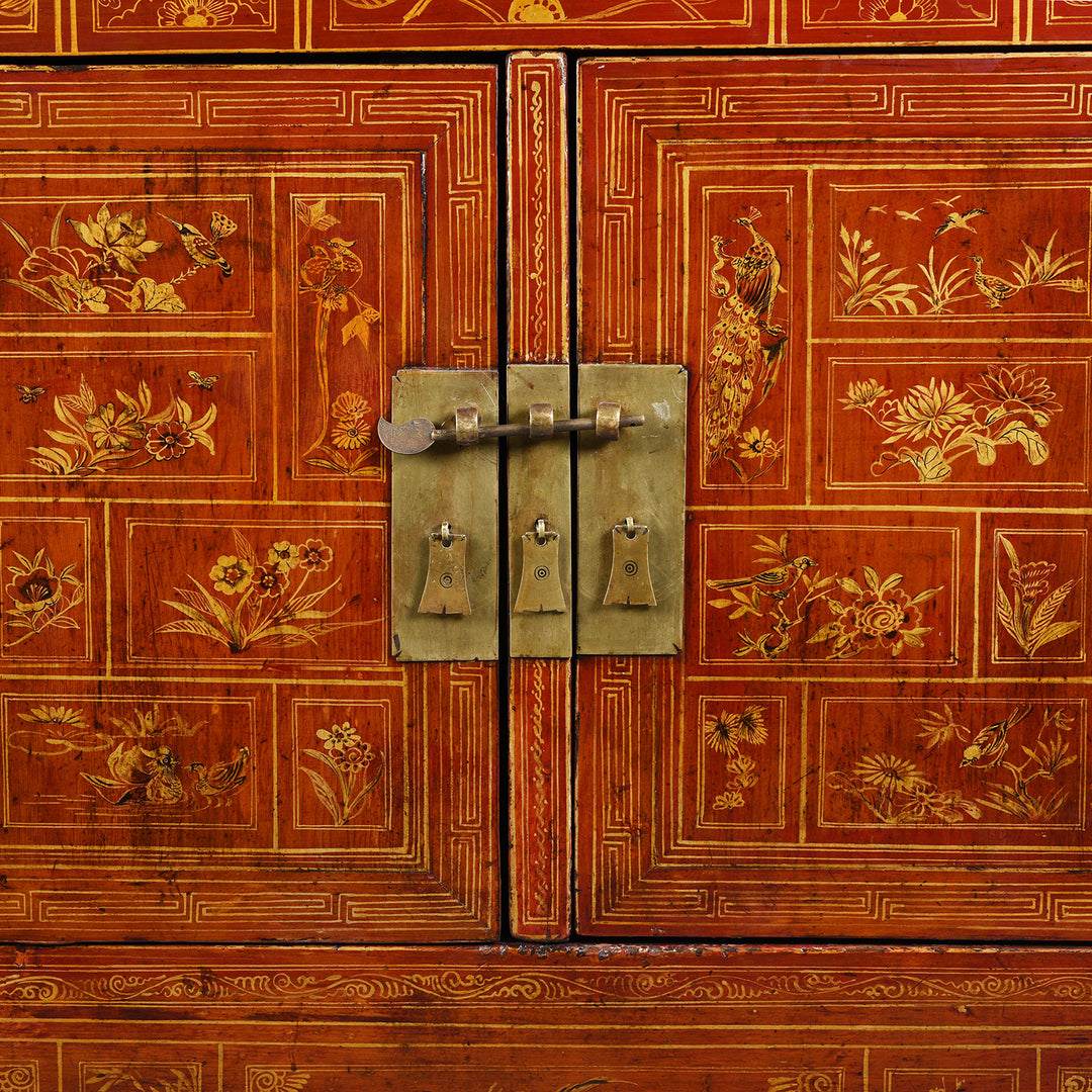 Doors Detail From Antique Red Lacquer Chinese Sideboard From Dongbei - Ca 1920 | INDIGO ANTIQUES
