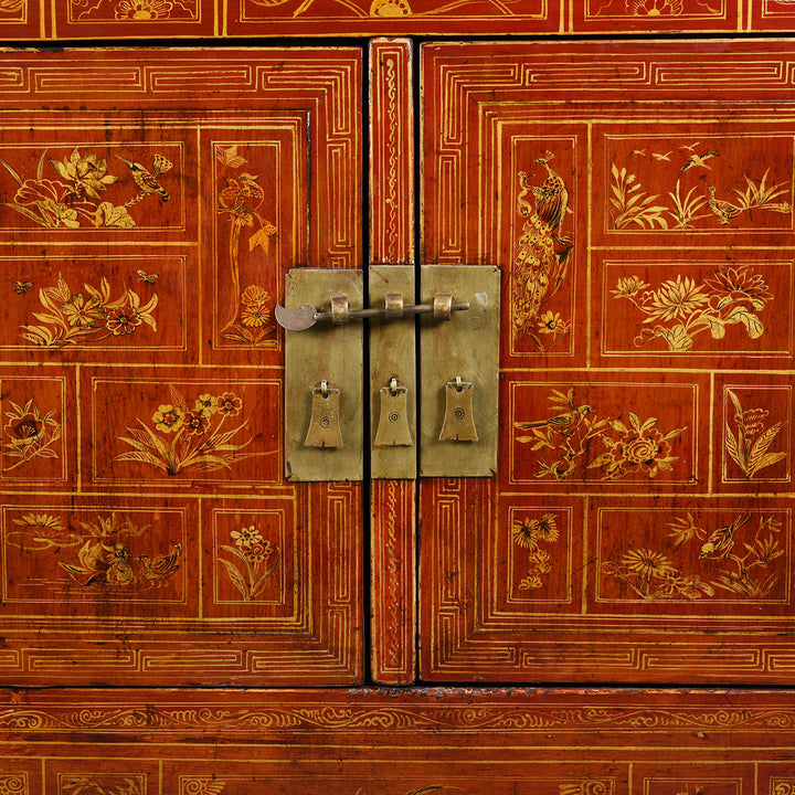 Doors Detail From Antique Red Lacquer Chinese Sideboard From Dongbei - Ca 1920 | INDIGO ANTIQUES