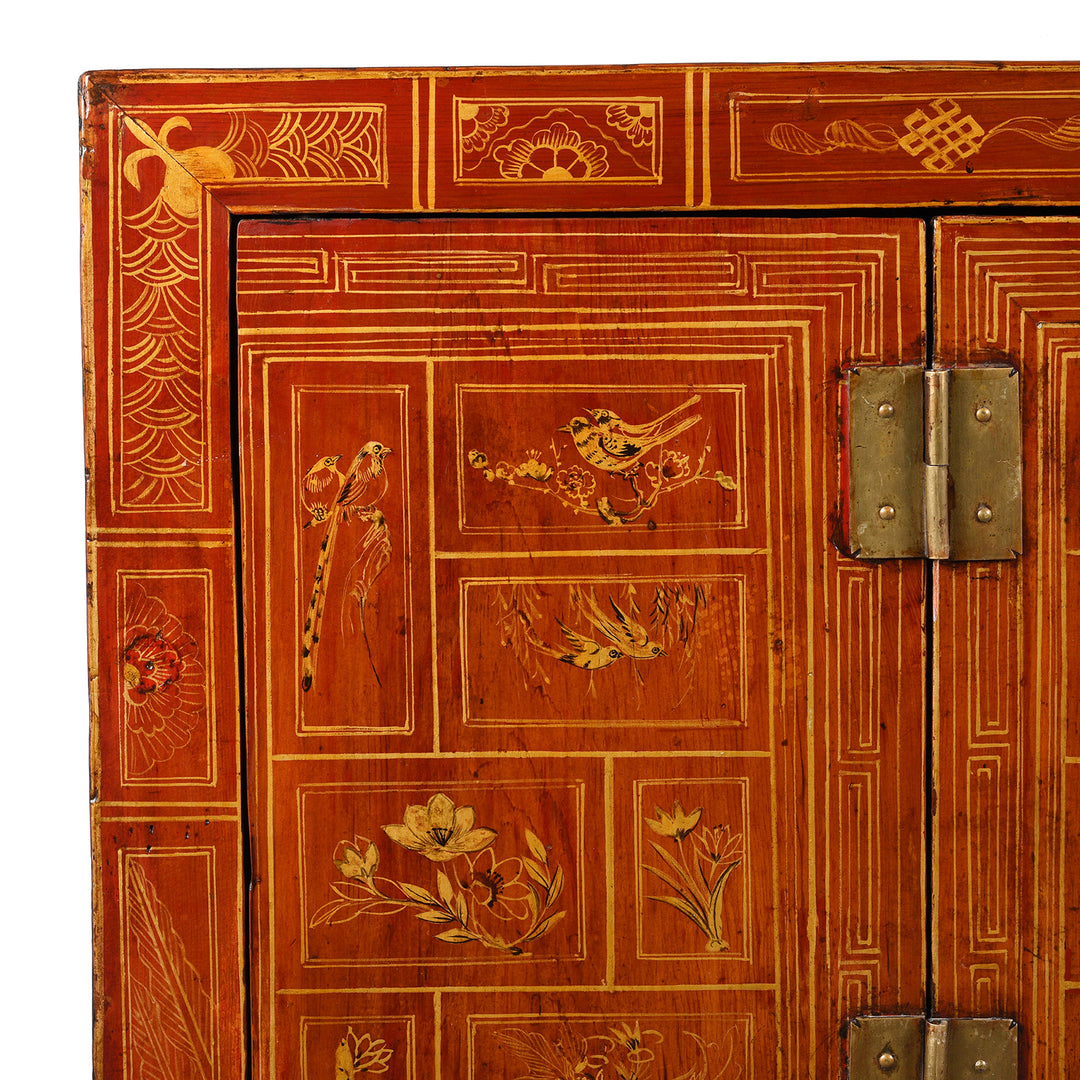 Corner Detail From Antique Red Lacquer Chinese Sideboard From Dongbei - Ca 1920 | INDIGO ANTIQUES