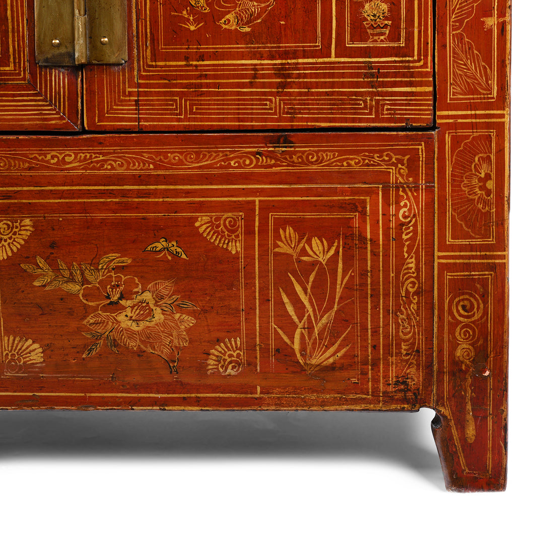 Leg Detail From Antique Red Lacquer Chinese Sideboard From Dongbei - Ca 1920 | INDIGO ANTIQUES
