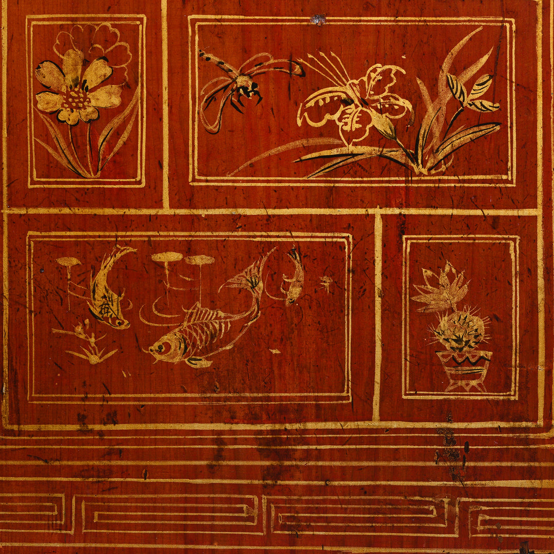 Fish And Insects Detail From Antique Red Lacquer Chinese Sideboard From Dongbei - Ca 1920 | INDIGO ANTIQUES