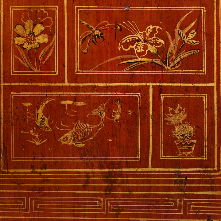 Fish And Insects Detail From Antique Red Lacquer Chinese Sideboard From Dongbei - Ca 1920 | INDIGO ANTIQUES