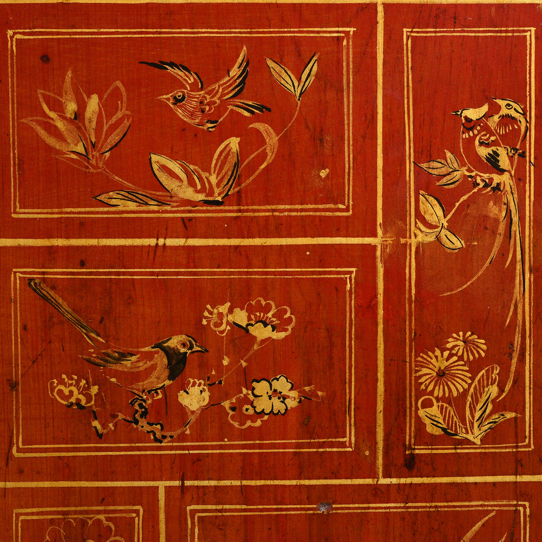 Birds Detail From Antique Red Lacquer Chinese Sideboard From Dongbei - Ca 1920 | INDIGO ANTIQUES