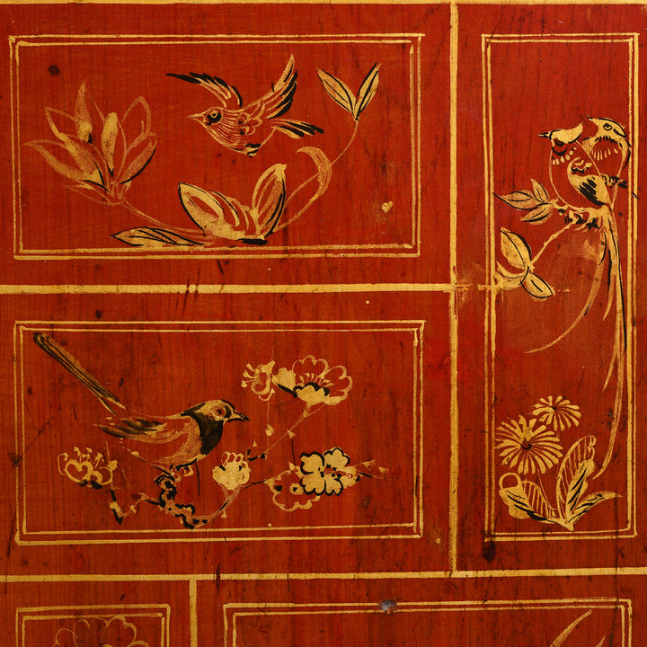 Birds Detail From Antique Red Lacquer Chinese Sideboard From Dongbei - Ca 1920 | INDIGO ANTIQUES