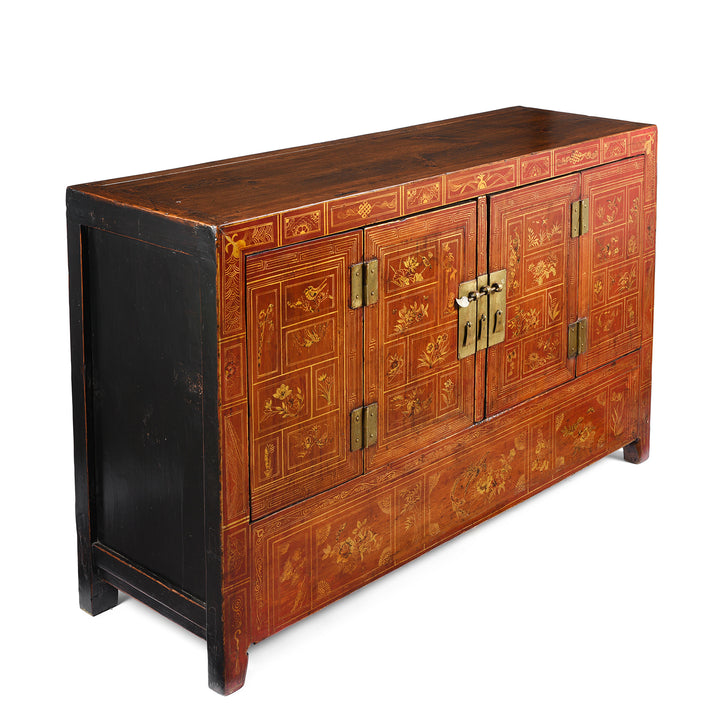 Angled View Of Antique Red Lacquer Chinese Sideboard From Dongbei - Ca 1920 | INDIGO ANTIQUES
