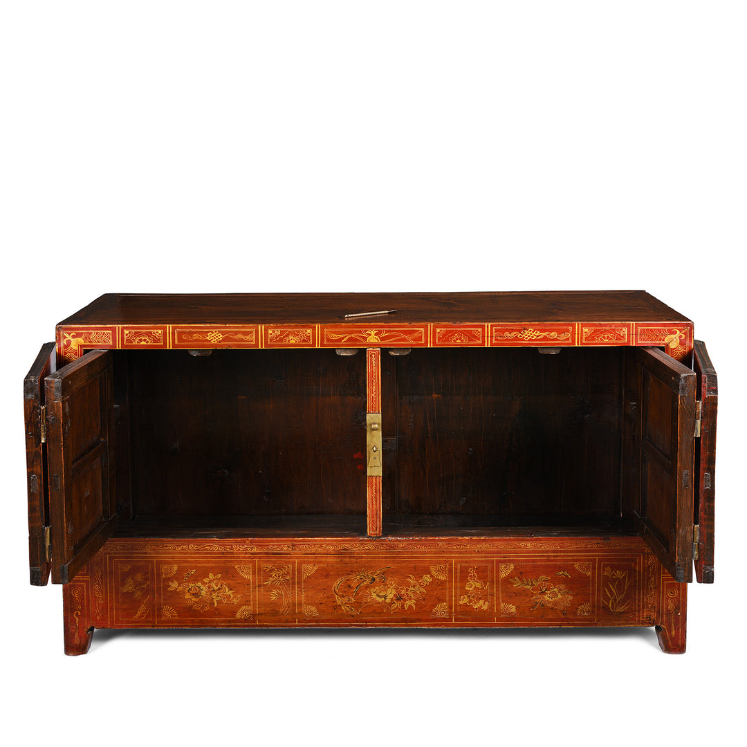Open Doors View Of Antique Red Lacquer Chinese Sideboard From Dongbei - Ca 1920 | INDIGO ANTIQUES