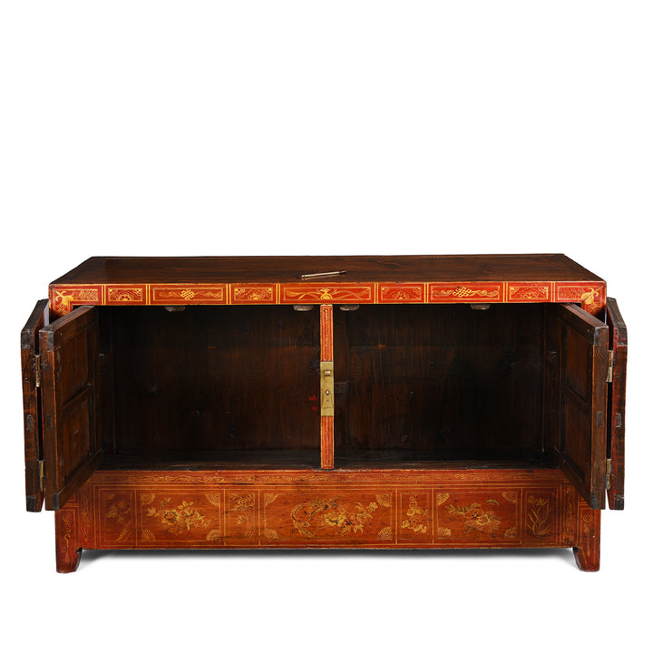 Open Doors View Of Antique Red Lacquer Chinese Sideboard From Dongbei - Ca 1920 | INDIGO ANTIQUES