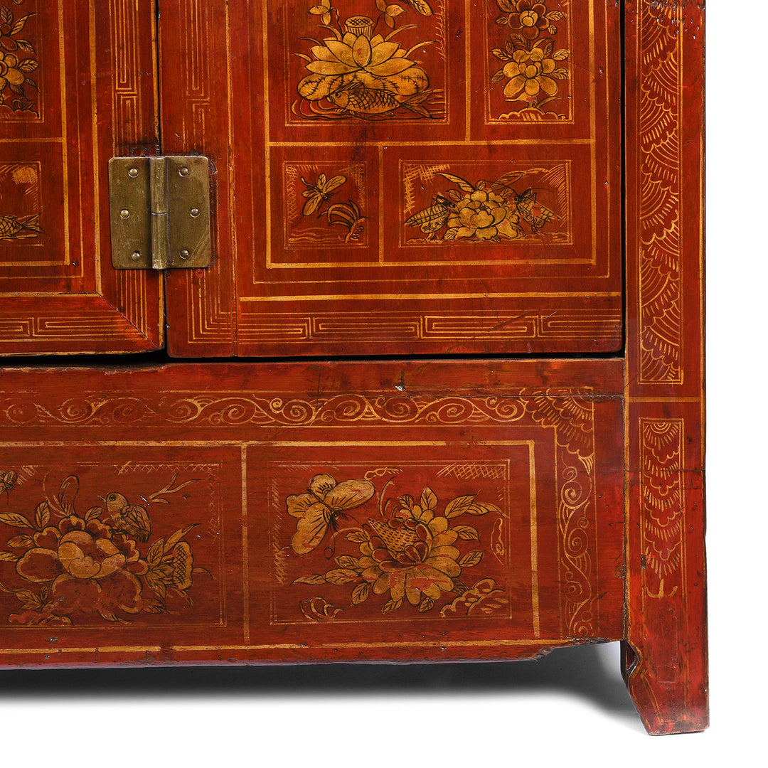 Leg Detail From Antique Red Lacquer Chinese Sideboard From Dongbei - Ca 1920 | INDIGO ANTIQUES