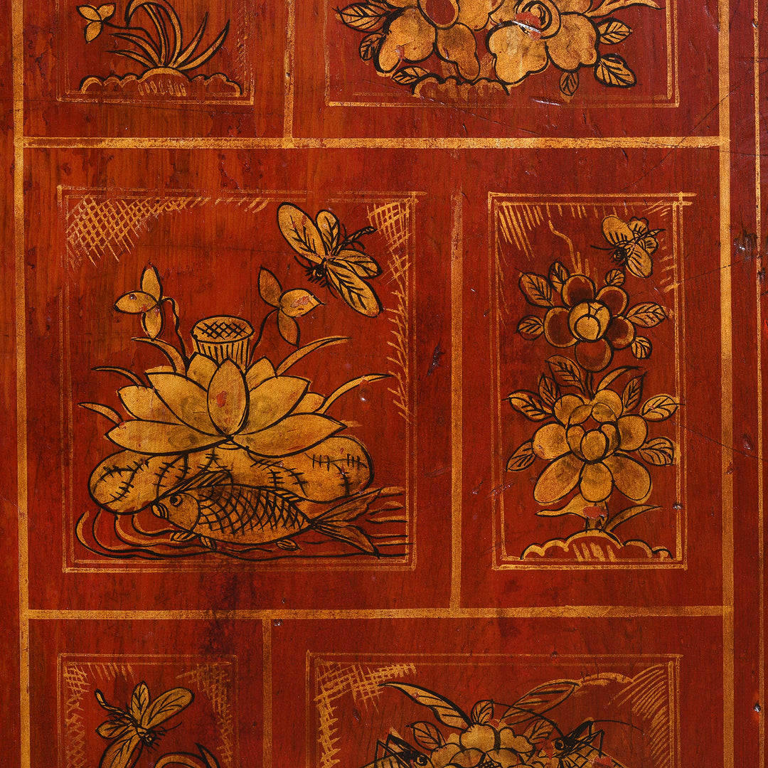 Paintwork Detail From Antique Red Lacquer Chinese Sideboard From Dongbei - Ca 1920 | INDIGO ANTIQUES