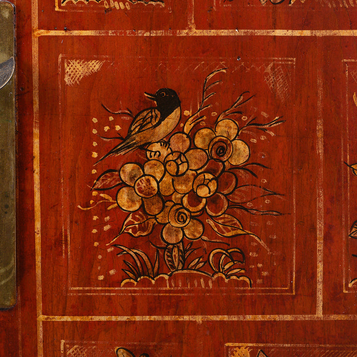 Bird Detail From Antique Red Lacquer Chinese Sideboard From Dongbei - Ca 1920 | INDIGO ANTIQUES