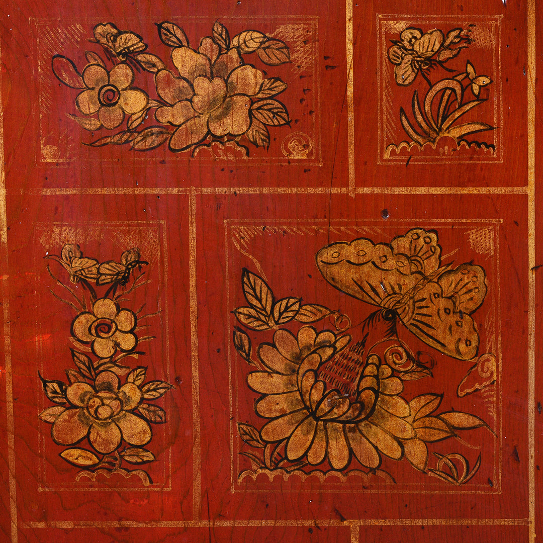 Painting Detail From Antique Red Lacquer Chinese Sideboard From Dongbei - Ca 1920 | INDIGO ANTIQUES