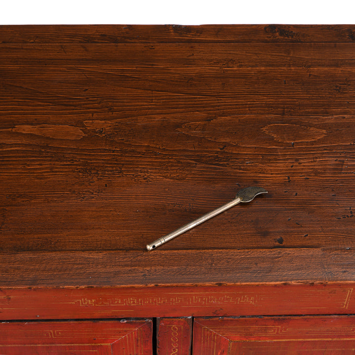 Locking Pin Detail From Antique Red Lacquer Chinese Sideboard From Dongbei - Ca 1920 | INDIGO ANTIQUES