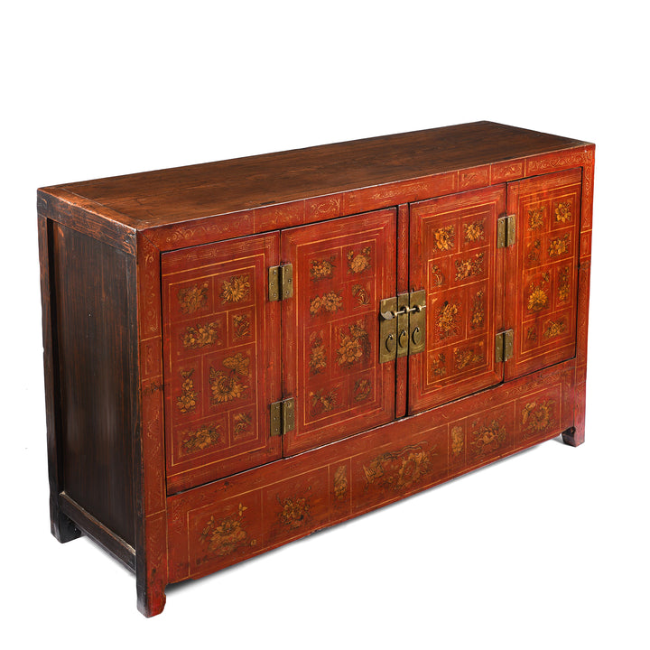 Angled View Of Antique Red Lacquer Chinese Sideboard From Dongbei - Ca 1920 | INDIGO ANTIQUES