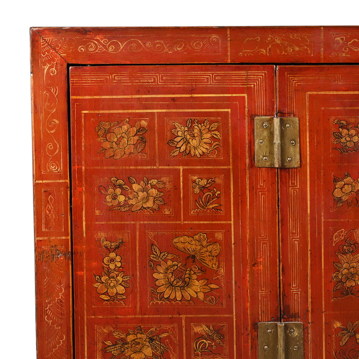 Corner Detail From Antique Red Lacquer Chinese Sideboard From Dongbei - Ca 1920 | INDIGO ANTIQUES