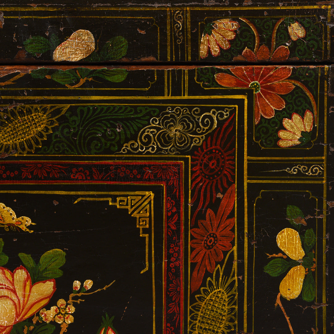 Paintwork Detail From Antique Painted Elm Opera Chest From Shanxi - 19th Century | Indigo Antiques