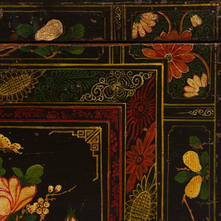 Paintwork Detail From Antique Painted Elm Opera Chest From Shanxi - 19th Century | Indigo Antiques