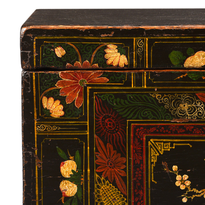 Corner Detail From Antique Painted Elm Opera Chest From Shanxi - 19th Century | Indigo Antiques