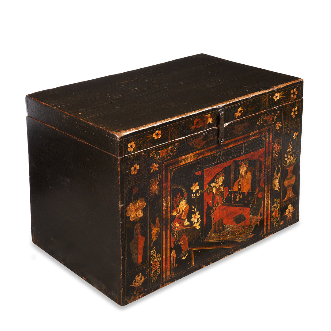 Angled View Of Antique Painted Opera Chest From Shanxi - 19th Century | INDIGO ANTIQUES