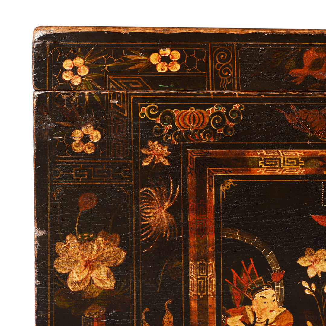 Corner Detail From Antique Painted Opera Chest From Shanxi - 19th Century | INDIGO ANTIQUES